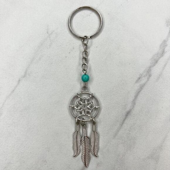 Silver Tone Faux Turquoise Beaded Dreamcatcher Keychain Keyring - Picture 1 of 7